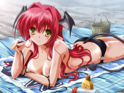 Rule 34 | 1girl, ahoge, basket, bat wings, bikini, black bikini, blush, breasts, cleavage, collarbone, demon tail, female focus, hanging breasts, head wings, koakuma, large breasts, long hair, looking at viewer, lotion, lying, o-ring, o-ring swimsuit, on stomach, pointy ears, red hair, shiny skin, smile, solo, sunscreen, swimsuit, tail, tan, tanline, touhou, towel, wings, yamu (reverse noise), yellow eyes