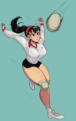 Rule 34 | 1girl, artist request, ass, ball, black hair, breasts, curvy, female focus, gym uniform, highres, huge ass, large breasts, looking up, mature female, multiple views, playing sports, red eyes, solo, sportswear, spy x family, sweat, sweatdrop, thick thighs, thighs, turnaround, uniform, volleyball, volleyball (object), volleyball uniform, yor briar