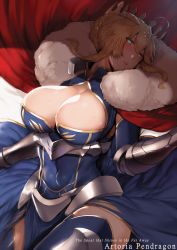 Rule 34 | 1girl, ahoge, armor, armored dress, artoria pendragon (fate), artoria pendragon (lancer) (fate), blonde hair, blush, braid, braided bun, breasts, cape, character name, cleavage, cleavage cutout, clothing cutout, commentary, covered navel, crown, elbow gloves, fate/grand order, fate (series), fur trim, gauntlets, gloves, green eyes, hair between eyes, hair bun, hews, highres, large breasts, long hair, looking at viewer, lying, on back, open mouth, sidelocks, solo, sweat, swept bangs, thighhighs