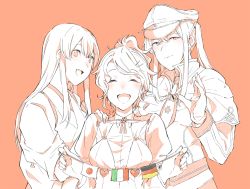 Rule 34 | 3girls, akagi (kancolle), aquila (kancolle), blush, breasts, capelet, celtic knot, closed mouth, collared shirt, commentary request, cross, closed eyes, fingernails, german flag, gloves, graf zeppelin (kancolle), hair between eyes, hair ornament, hair tie, hairclip, hand on another&#039;s shoulder, hat, heart, high ponytail, iron cross, italian flag, jacket, japanese clothes, japanese flag, kantai collection, kimono, kurozu (hckr 96), long hair, long sleeves, looking at viewer, military, military hat, monochrome, multiple girls, neck ribbon, necktie, open mouth, peaked cap, ribbon, shirt, sidelocks, spot color, tasuki, twintails, upper body, wavy hair