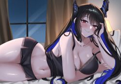 Rule 34 | 1girl, arm under breasts, black camisole, black hair, blue hair, blush, breasts, camisole, collarbone, colored inner hair, curtains, demon horns, elbow rest, grin, highres, hololive, hololive english, horns, large breasts, long hair, lying, micro shorts, mole, mole on thigh, mole under eye, multicolored hair, nerissa ravencroft, night, night sky, on side, red eyes, shorts, sky, smile, solo, strap slip, two-tone hair, very long hair, virtual youtuber, window, yobi (ybpac18)