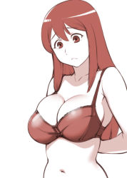 Rule 34 | 10s, 1girl, bare shoulders, bra, breasts, cleavage, dressing, frown, large breasts, long hair, maou (maoyuu), maoyuu maou yuusha, monochrome, navel, red eyes, red hair, red theme, shiny clothes, skindentation, solo, ueyama michirou, underwear