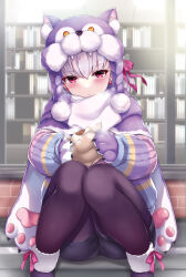 Rule 34 | 1girl, animal hands, blush, breasts, earrings, fate/grand order, fate (series), food, gairou (takakuan), gloves, hair ribbon, highres, jewelry, kama (dream portrait) (fate), kama (fate), looking at viewer, multicolored clothes, multicolored sweater, paw gloves, purple scarf, red eyes, ribbon, scarf, short hair, small breasts, solo, squatting, sweater, thighs, white hair, wolf hood