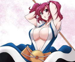 Rule 34 | 1girl, adjusting hair, armpits, arms up, breasts, center opening, cleavage, collarbone, female focus, hair bobbles, hair ornament, highres, large breasts, no bra, onozuka komachi, ooike teru, parted bangs, red eyes, red hair, short hair, solo, touhou, twintails, two side up, upper body