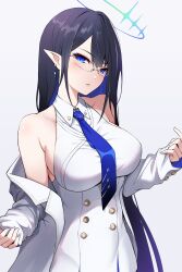 Rule 34 | 1girl, bare shoulders, black hair, blue archive, blue eyes, blue necktie, blush, breasts, collared shirt, dress, glasses, hair between eyes, halo, highres, jacket, jewelry, large breasts, long hair, long sleeves, looking at viewer, necktie, off shoulder, open clothes, open jacket, parted lips, pointy ears, rin (blue archive), shirt, shishikai, simple background, sleeveless, sleeveless dress, smile, solo, very long hair, white background, white dress