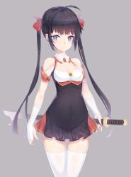 Rule 34 | 1girl, :o, ahoge, bare shoulders, black hair, blue eyes, bow, breasts, cleavage cutout, clothing cutout, cowboy shot, detached sleeves, dev (dev0614), dress, gloves, grey background, grey eyes, hair bow, hair ribbon, highres, katana, long hair, looking at viewer, original, parted lips, partially fingerless gloves, ribbon, sheath, sheathed, short dress, sidelocks, signature, simple background, skindentation, small breasts, solo, sword, thigh gap, thighhighs, twintails, underbust, very long hair, weapon, white gloves, white thighhighs, zettai ryouiki