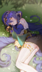 Rule 34 | 1girl, absurdres, ass, bare shoulders, blue hair, commentary, detached sleeves, drill hair, fungi (genshin impact), genshin impact, gloves, hair between eyes, highres, kkopoli, layla (genshin impact), long hair, long sleeves, pointy ears, solo, thighhighs, twirly-whirly (genshin impact), very long hair, yellow eyes