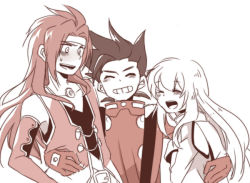Rule 34 | 00s, 1girl, 2boys, bad id, bad pixiv id, brown hair, colette brunel, cork (the loreley), gloves, grin, headband, lloyd irving, long hair, monochrome, multiple boys, red hair, smile, tales of (series), tales of symphonia, zelos wilder