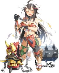 Rule 34 | 1girl, ahoge, black hair, blush, boots, breast lift, breasts, broken, broken weapon, chain, cleavage, club (weapon), emerane, closed eyes, full body, gloves, hair ribbon, horns, kanabou, kneeling, large breasts, long hair, low-tied long hair, multicolored hair, official art, onigajo (oshiro project), open mouth, oshiro project:re, oshiro project:re, red hair, ribbon, single horn, tabi, thigh boots, thighhighs, torn boots, torn clothes, torn legwear, transparent background, very long hair, weapon