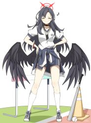 Rule 34 | 1girl, baseball (object), black choker, black hair, black wings, blue archive, blue footwear, blue jacket, blue shorts, blush, choker, closed eyes, closed mouth, clothes around waist, collarbone, commentary, eighth note, english commentary, facing viewer, feathered wings, gym shirt, gym shorts, gym uniform, halo, hands on own hips, highres, ichika (blue archive), jacket, jacket around waist, kneehighs, long hair, low wings, metal baseball bat, musical note, parted bangs, puffy short sleeves, puffy sleeves, shirt, shoes, short sleeves, shorts, simple background, socks, solo, track jacket, traffic cone, user zugh5444, very long hair, white background, white shirt, white socks, wings