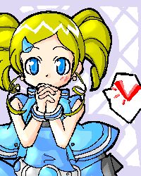 Rule 34 | 00s, 1girl, bare shoulders, belt, blue dress, bracelet, bubble, dress, drill hair, goutokuji miyako, hair ornament, hairclip, heart, jewelry, looking at viewer, lowres, oekaki, open clothes, open vest, own hands clasped, own hands together, powerpuff girls, powerpuff girls z, praying, rolling bubbles, short hair, solo, speech bubble, spoken heart, swept bangs, twin drills, twintails, vest