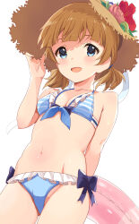 Rule 34 | 1girl, arm behind back, bikini, blue bikini, blue bow, blue eyes, bow, breasts, brown hair, brown hat, commentary, flower, frilled bikini, frills, front-tie bikini top, front-tie top, groin, hand up, hat, hat flower, highres, holding, holding swim ring, idolmaster, idolmaster million live!, innertube, light blush, looking at viewer, navel, official alternate hairstyle, parted lips, pink innertube, short hair, short twintails, small breasts, smile, solo, stomach, straw hat, striped bikini, striped clothes, suou momoko, swim ring, swimsuit, tetsujin momoko, thighs, twintails, white background