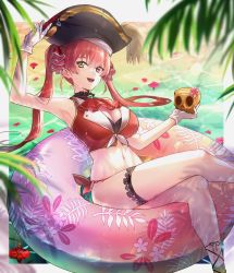 Rule 34 | 1girl, absurdres, bikini, breasts, bridal garter, cleavage, cropped vest, crossed legs, cup, flower in drink, flower in mug, gloves, hat, highres, holding, holding cup, hololive, houshou marine, innertube, large breasts, long hair, looking at viewer, mismatched bikini, navel, open mouth, petals, petals on liquid, pirate hat, red eyes, red hair, red neckwear, red ribbon, ribbon, rioshima (rosm ayk), side-tie bikini bottom, sitting, skull cup, smile, solo, swim ring, swimsuit, thigh strap, twintails, vest, virtual youtuber, water, waving, wet, white gloves, yellow eyes