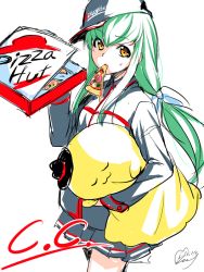 Rule 34 | 1girl, breasts, c.c., carrying, carrying under arm, character name, cheese-kun, code geass, dripping, food, food in mouth, green hair, grey headwear, grey skirt, long hair, long sleeves, looking at viewer, medium breasts, minamoto (mutton), miniskirt, pizza, pizza box, pizza delivery, pizza hut, pizza slice, pleated skirt, product placement, signature, simple background, sketch, skirt, solo, white background, yellow eyes