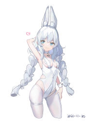 Rule 34 | 1girl, 2021, absurdres, animal ear fluff, animal ears, arm behind head, arm up, armpits, azur lane, blue eyes, braid, breasts, covered navel, dated, fake animal ears, gluteal fold, groin, highleg, highleg leotard, highres, le malin (azur lane), le malin (listless lapin) (azur lane), leotard, long hair, lumi (741632261), pantyhose, playboy bunny, rabbit ears, silver hair, simple background, small breasts, smile, solo, thigh strap, thighs, twin braids, twintails, very long hair, white background, white leotard, white pantyhose, wrist cuffs