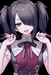 Rule 34 | 1girl, ame-chan (needy girl overdose), black background, black eyes, black hair, black nails, black ribbon, breasts, collared shirt, commentary, hair ornament, hair over one eye, hair tie, hairclip, half-closed eyes, hands up, heart, highres, holding, holding string, kushinaka, long hair, looking at viewer, multicolored nails, nail polish, neck ribbon, needy girl overdose, open mouth, red nails, red shirt, ribbon, shirt, shirt tucked in, skirt, small breasts, smile, solo, string, string of fate, suspender skirt, suspenders, symbol-only commentary, twintails, upper body, x hair ornament