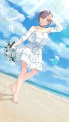Rule 34 | 1girl, :d, aqua eyes, arm up, asakura toru, bad id, bad pixiv id, bare shoulders, barefoot, beach, bird, black choker, blue sky, breasts, choker, cloud, collarbone, cowlick, cross-laced clothes, dress, ear piercing, flower, footprints, full body, grey hair, hachisu lotus, highres, holding, holding flower, idolmaster, idolmaster shiny colors, light blush, looking at viewer, medium breasts, multicolored hair, ocean, off-shoulder dress, off shoulder, open mouth, outdoors, piercing, sand, seagull, short hair, sky, smile, solo, sparkle, standing, sunlight, two-tone hair, water, white dress, white flower