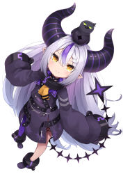 Rule 34 | 1girl, absurdres, animal, animal on head, ankle cuffs, ascot, bird, bird on head, black choker, blush, braid, choker, closed mouth, collar, crow (la+ darknesss), demon horns, dress, eyes visible through hair, grey hair, hair between eyes, highres, hololive, horns, hototogisu (hot to gis), la+ darknesss, long hair, long sleeves, looking at viewer, metal collar, multicolored hair, on head, pointy ears, purple dress, purple hair, purple legwear, shoes, simple background, single leg pantyhose, sleeves past fingers, sleeves past wrists, smile, solo, streaked hair, striped horns, tail, tail raised, very long hair, virtual youtuber, white background, yellow ascot, yellow eyes