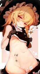 Rule 34 | 1girl, :p, absurdres, artist name, black gloves, black hat, black shirt, blonde hair, body writing, braid, clothes lift, commentary request, gloves, groin, hagure kedama, hair between eyes, hat, heart, highres, kirisame marisa, lifting own clothes, looking at viewer, maebari, naughty face, navel, shirt, shirt lift, single braid, sleeveless, solo, spoken heart, star (symbol), stomach, sweat, tongue, tongue out, touhou, witch hat, yellow eyes
