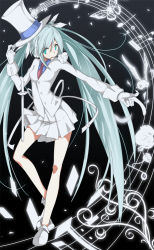 Rule 34 | 1girl, aqua eyes, aqua hair, bad id, bad pixiv id, cane, flower, gloves, hat, hatsune miku, hippos, long hair, magician, mouth hold, musical note, necktie, rose, skirt, solo, top hat, twintails, very long hair, vocaloid, white flower, white rose