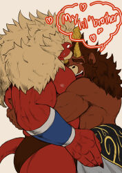 Rule 34 | 2boys, absurdres, bara, beard, black nails, blank eyes, body fur, brothers, clothes around waist, colored skin, curled horns, dark-skinned male, dark skin, demon boy, demon horns, face to pecs, facial hair, feet out of frame, from side, furrowed brow, furry, furry male, gardie (otsukimi), heart, highres, horns, hug, huge eyebrows, infel (otsukimi), jewelry, large hands, large pectorals, lion hair, long hair, male focus, mature male, multiple boys, muscular, muscular male, necklace, nervous sweating, nipples, original, otsukimi, pectorals, red skin, siblings, surprise hug, sweat, tearing up, thick eyebrows, thick thighs, thighs, topless male, veins, veiny hands