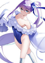 Rule 34 | 1girl, absurdres, bare shoulders, blue eyes, blue ribbon, blush, breasts, choker, collarbone, fate/grand order, fate (series), frilled one-piece swimsuit, frills, hair ribbon, highleg, highleg swimsuit, highres, long hair, long sleeves, looking at viewer, meltryllis, meltryllis (fate), meltryllis (swimsuit lancer) (fate), meltryllis (swimsuit lancer) (second ascension) (fate), musicatopos, off-shoulder one-piece swimsuit, off shoulder, one-piece swimsuit, one side up, prosthesis, prosthetic leg, puffy sleeves, purple hair, ribbon, sleeves past fingers, sleeves past wrists, small breasts, smile, solo, swimsuit, thighs, very long hair, white ribbon