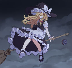 Rule 34 | 1girl, apron, back bow, black hat, black skirt, black vest, blonde hair, bloomers, bow, braid, broom, broom riding, cloud, cloudy sky, commentary request, dot nose, floating hair, frilled apron, frilled skirt, frills, hair bow, hat, hat bow, highres, kame (kamepan44231), kirisame marisa, long hair, mini-hakkero, red bow, shirt, short sleeves, single braid, skirt, sky, smile, solo, touhou, underwear, vest, waist apron, white apron, white bow, white shirt, witch hat, yellow eyes, yin yang
