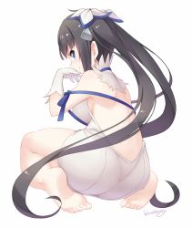 Rule 34 | 10s, 1girl, artist name, ass, back, backless outfit, bare back, barefoot, black hair, blue eyes, blueberry (5959), breasts, dungeon ni deai wo motomeru no wa machigatteiru darou ka, from behind, full body, gloves, hair ribbon, hestia (danmachi), highres, long hair, looking back, rei no himo, ribbon, simple background, sitting, soles, solo, twintails, wariza, white background