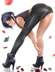 Rule 34 | 1girl, ass, asymmetrical clothes, bad id, bad pixiv id, bare legs, bare shoulders, bent over, black footwear, black shirt, blue hair, bug, butterfly, closed mouth, flower, from behind, full body, green eyes, hanamasa ono, hayami kanade, high heels, highres, idolmaster, idolmaster cinderella girls, insect, legs, looking at viewer, looking back, petals, red flower, red rose, rose, rose petals, shirt, short hair, simple background, single pantsleg, sleeveless, sleeveless shirt, smile, solo, standing, white background