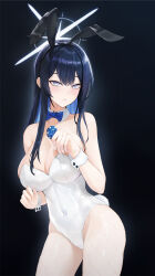 Rule 34 | 1girl, alternate costume, animal ears, bare shoulders, black background, black hair, blue archive, blue bow, blue bowtie, blue eyes, blue hair, blue halo, bow, bowtie, breasts, cleavage, colored inner hair, commentary, commentary request, contrapposto, covered navel, cowboy shot, detached collar, doodle sensei (blue archive), english commentary, fake animal ears, fake tail, fingernails, fishnet pantyhose, fishnets, halo, hand up, highres, holding, large breasts, leotard, light blush, long hair, looking at viewer, mixed-language commentary, mole, mole on breast, multicolored hair, nail polish, num s1x, pantyhose, parted lips, playboy bunny, poker chip, rabbit ears, rabbit tail, saori (blue archive), sensei (blue archive), simple background, solo, strapless, strapless leotard, sweatdrop, tail, two-tone hair, white leotard, white nails, white wrist cuffs, wrist cuffs