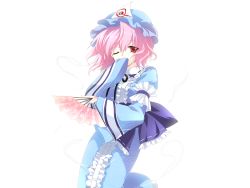 Rule 34 | 1girl, bow, female focus, flower, folding fan, game cg, ghost, hand fan, hat, japanese clothes, non-web source, one eye closed, pink hair, red eyes, riv (rivleaf), saigyouji yuyuko, short hair, solo, tachi-e, touhou, transparent background, wink