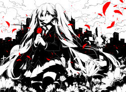 Rule 34 | 1girl, absurdly long hair, cityscape, cross, flower, graveyard, hatsune miku, holding, holding flower, long hair, monochrome, petals, rella, saihate (vocaloid), skirt, solo, spot color, tears, thighhighs, tombstone, twintails, very long hair, vocaloid, zettai ryouiki