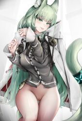 Rule 34 | 1girl, :p, absurdres, animal ear fluff, animal ears, arknights, bottomless, breasts, breasts out, cape, cardigan, cat ears, cat tail, commentary request, cowboy shot, green eyes, green hair, grey cardigan, harmonie (arknights), highres, infection monitor (arknights), large breasts, long hair, long sleeves, looking at viewer, nopetroto, pussy, pussy juice, pussy juice drip, solo, tail, thighs, tongue, tongue out, uncensored, very long hair, white cape