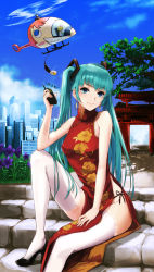 Rule 34 | 1boy, 2girls, black panties, china dress, chinese clothes, din (raiden), dress, green eyes, green hair, hatsune miku, helicopter, high heels, kagamine len, kagamine rin, long hair, looking at viewer, multiple girls, panties, side-tie panties, sitting, smile, solo focus, thighhighs, twintails, underwear, very long hair, vocaloid, white legwear