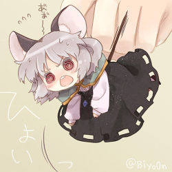 Rule 34 | 1girl, @ @, animal ears, bad id, bad pixiv id, biyon, black dress, capelet, dress, flying sweatdrops, grey hair, jewelry, long sleeves, mini person, minigirl, mouse ears, nazrin, open mouth, pendant, red eyes, simple background, solo focus, sweat, tears, touhou