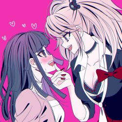 Rule 34 | 2girls, :d, bear hair ornament, black bra, black choker, black shirt, blush, bow, bra, breasts, choker, cleavage, collarbone, danganronpa: trigger happy havoc, danganronpa (series), danganronpa 2: goodbye despair, enoshima junko, eye contact, hair ornament, heart, highres, large breasts, looking at another, multiple girls, nail polish, necktie, open mouth, pink background, pink shirt, pleated skirt, red bow, red nails, red skirt, revision, satori (aosky9077), shirt, skirt, smile, teeth, tsumiki mikan, twintails, underwear, upper body, upper teeth only, white necktie