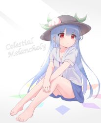 Rule 34 | 1girl, adapted costume, bare legs, barefoot, black hat, blue hair, blue skirt, commentary, english text, expressionless, food, fruit, gradient background, hair between eyes, hands on own leg, hat, hinanawi tenshi, imoutochiru, interlocked fingers, knees up, leaf, long hair, looking away, neck ribbon, own hands together, peach, red eyes, red neckwear, red ribbon, ribbon, shirt, short sleeves, simple background, sitting, skirt, solo, touhou, undone neck ribbon, very long hair, white background, white shirt