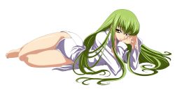 Rule 34 | 00s, 1girl, absurdres, c.c., code geass, dress shirt, full body, green hair, highres, naked shirt, shirt, solo, transparent background, vector trace, yellow eyes