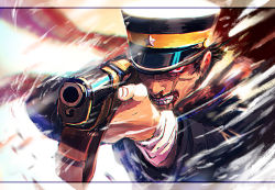 Rule 34 | 10s, 1boy, aiming, aiming at viewer, angry, bad id, bad pixiv id, blood, blurry, clenched teeth, depth of field, golden kamuy, gun, hat, hscatter, letterboxed, male focus, manly, military, military uniform, nosebleed, peaked cap, pointing, pointing at viewer, pointing weapon, red eyes, rifle, scar, scarf, solo, sugimoto saichi, teeth, uniform, weapon