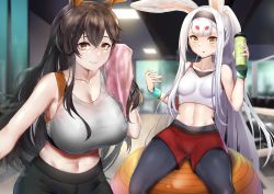 Rule 34 | 2girls, :p, absurdres, alternate costume, animal ears, azur lane, ball, bare shoulders, black hairband, black leggings, blunt bangs, blush, bottle, breasts, brown eyes, brown hair, chikuma (azur lane), cleavage, collarbone, commentary, cowboy shot, crossed bangs, exercise ball, extra ears, grey sports bra, groin, gym, hair between eyes, hairband, hand up, highres, hikimayu, holding, holding bottle, holding towel, indoors, irkawaza, large breasts, leggings, pantyhose under shorts, long hair, looking at viewer, midriff, mole, mole under mouth, multiple girls, navel, orange eyes, pantyhose, parted lips, rabbit ears, red shorts, shadow, shimakaze (azur lane), shorts, sidelocks, sitting, small breasts, smile, sports bra, sportswear, standing, sweat, tongue, tongue out, towel, very long hair, water bottle, white hair, wristband, yellow eyes