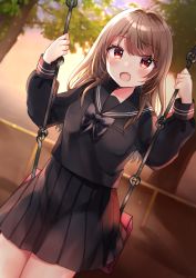 Rule 34 | 1girl, :d, bad id, bad pixiv id, black bow, black sailor collar, black serafuku, black shirt, black skirt, blurry, blurry background, blush, bow, brown hair, commentary request, depth of field, dutch angle, fang, hair between eyes, hands up, highres, holding, long hair, long sleeves, looking at viewer, minami saki, open mouth, original, outdoors, pleated skirt, red eyes, sailor collar, school uniform, serafuku, shirt, skirt, smile, solo, sunset, swing, tree