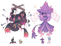 Rule 34 | banette, charamells, creature, creatures (company), full body, fusion, game freak, gen 3 pokemon, gen 4 pokemon, gen 7 pokemon, gen 8 pokemon, hat, hatterene, looking at viewer, mega banette, mega pokemon, mimikyu, mismagius, multiple fusions, needle, nintendo, pokemon, pokemon (creature), purple eyes, simple background, sparkle, standing, white background, witch hat
