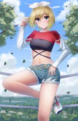 Rule 34 | 1girl, blonde hair, bow hairband, breasts, closed mouth, cloud, commentary, creatures (company), cropped shirt, day, doiparuni, falling leaves, game freak, grey eyes, hairband, hand on own hip, hand up, highres, irida (pokemon), irida (special costume) (pokemon), leaf, leg up, long sleeves, looking at viewer, looking down, medium breasts, medium hair, midriff, navel, nintendo, official alternate costume, outdoors, pokemon, pokemon masters ex, shirt, shorts, sky, sleeves past wrists, smile, solo, white hairband