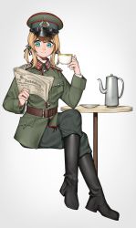 Rule 34 | 1girl, black footwear, blonde hair, blue eyes, boots, cup, green pants, hat, highres, invisible chair, kantai collection, knee boots, military, military hat, military uniform, newspaper, pants, peaked cap, prinz eugen (kancolle), pzkpfwi, saucer, short hair, sitting, solo, teacup, uniform