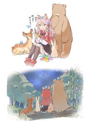 Rule 34 | 1girl, :d, animal, animal ears, animal on head, bamboo, bear, bird, black skirt, black socks, blush, boots, brown eyes, capelet, commentary request, deer, fang, frilled skirt, frilled sleeves, frills, hair between eyes, holding, holding pen, hood, hood down, hood up, hooded capelet, kneehighs, knees up, log, long sleeves, night, night sky, on head, open mouth, original, outdoors, pen, pink hair, pleated skirt, rabbit, red capelet, red footwear, shirt, sitting, skirt, sky, sleeves past wrists, smile, socks, star (sky), starry sky, tail, tanabata, tanzaku, translation request, wataame27, white shirt, wolf-chan (wataame27), wolf ears, wolf girl, wolf tail