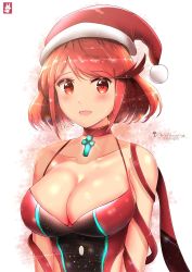 Rule 34 | 1girl, alternate costume, artist name, blush, breasts, chinchongcha, christmas, cleavage, gem, hat, highres, jewelry, large breasts, looking at viewer, pyra (xenoblade), red eyes, red hair, short hair, smile, solo, xenoblade chronicles (series), xenoblade chronicles 2