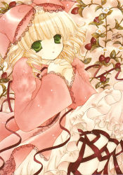 Rule 34 | 00s, 1girl, asapon, blonde hair, bow, dress, drill hair, flower, green eyes, hinaichigo, own hands clasped, own hands together, pink bow, rozen maiden, short hair, solo, traditional media