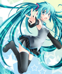 Rule 34 | 1girl, aqua eyes, aqua hair, bad id, bad pixiv id, boots, detached sleeves, hatsune miku, legs, long hair, necktie, open mouth, skirt, solo, tbdfactory, thigh boots, thighhighs, tobade (tbdfactory), twintails, very long hair, vocaloid