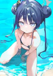 Rule 34 | 1girl, absurdres, alternate costume, bare arms, bare shoulders, beach, between legs, bikini, black bikini, black hair, blue archive, blue eyes, blush, butterfly hair ornament, commentary request, day, double bun, flat chest, from above, hair bun, hair ornament, halterneck, hand between legs, highres, kisaki (blue archive), long hair, looking at viewer, navel, ocean, outdoors, parted lips, r aeel, seiza, shallow water, sitting, solo, swimsuit, twintails, wading, water