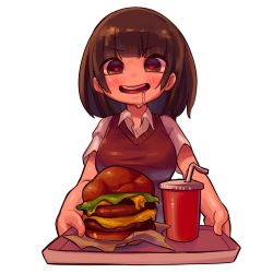 Rule 34 | 1girl, blunt bangs, blush, breasts, brown hair, burger, collared shirt, cup, drink, drinking straw, food, heart, heart-shaped pupils, highres, holding, holding tray, looking at viewer, medium hair, more e 4km, open mouth, original, saliva, shirt, short sleeves, simple background, smile, solo, sweater vest, symbol-shaped pupils, tray, upper body, white background, white shirt